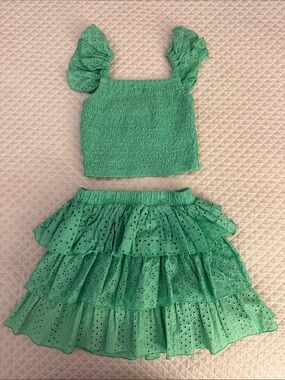 Flowers by Zoe Smocked Green Top and Matching Eyelet Ruffle Skirt set